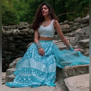 minimalist stitched chic sky blue lehenga inspired by anita dongre
